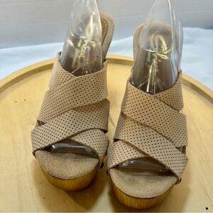 Sbicca Keyes Beige Suede Perforated Crisscross Platform Sandals - Women